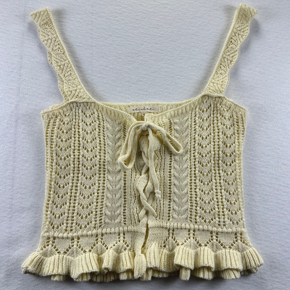 Women's Small Et Clet Cream Pointelle Knit Lace Up Ruffle Hem Camisole Crop Top‎